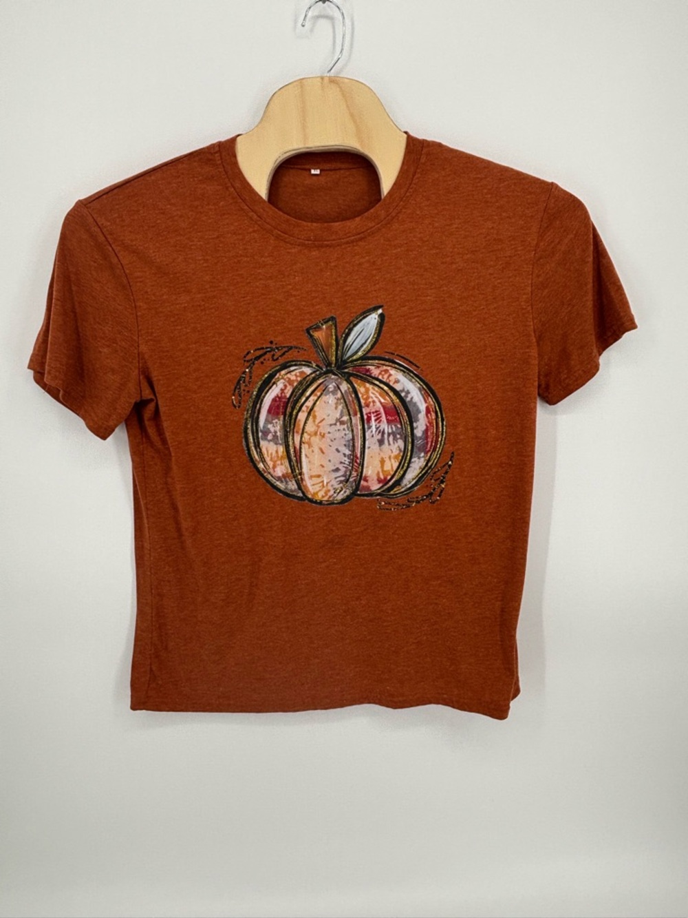 Burnt Orange Pumpkin Graphic T-Shirt XL Women's Fall Autumn Watercolor Glitter
